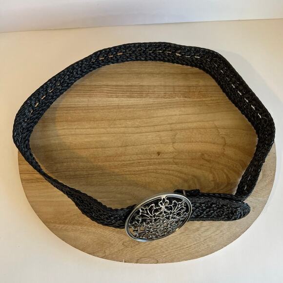 Black Woven Weaved Vegan Leather Free Size Round Buckle Belt Size Large - Picture 3 of 11